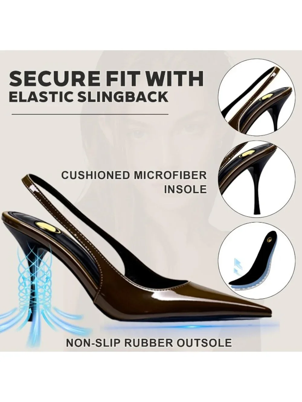 Women’s Brown Pointed Toe Slingback Pumps Patent Leather Stiletto Heel Shoes